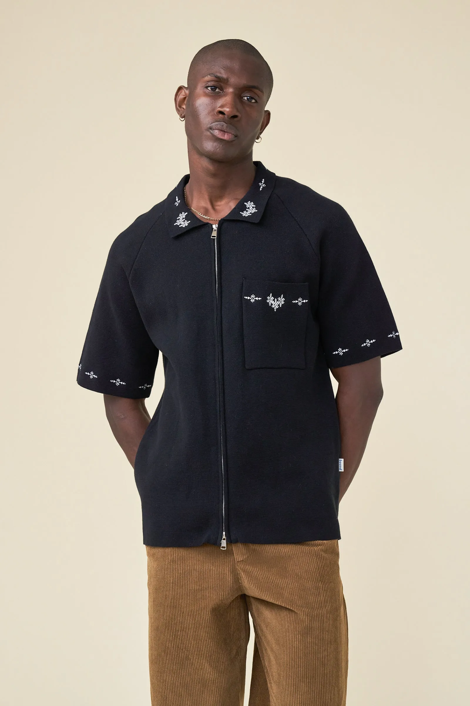 AZTEC CROPPED ZIP KNIT POLO - BLACK sold by Bound