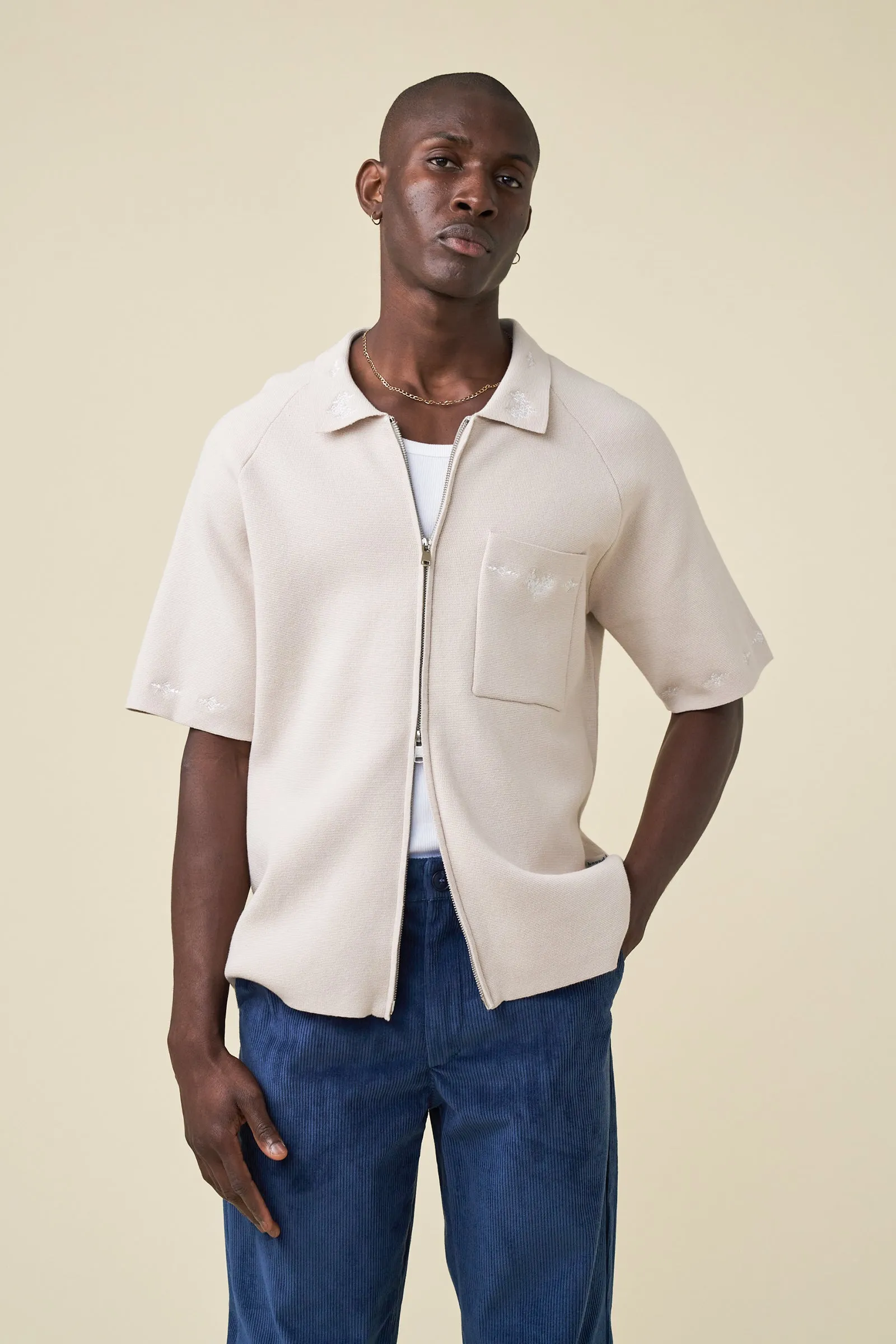 AZTEC CROPPED ZIP KNIT POLO - STONE sold by Bound