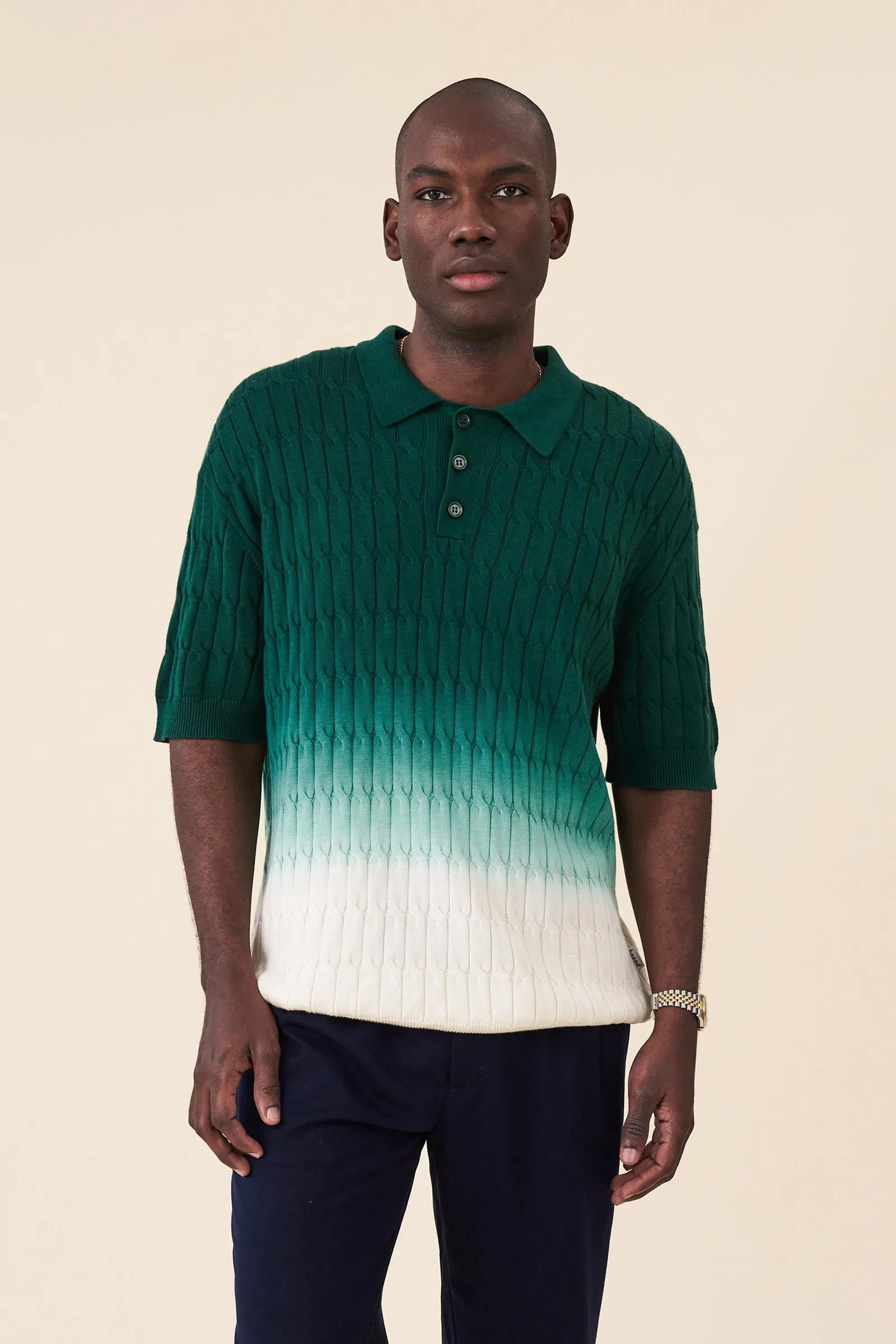 OMBRE CABLE KNIT POLO - FOREST / CREAM sold by Bound