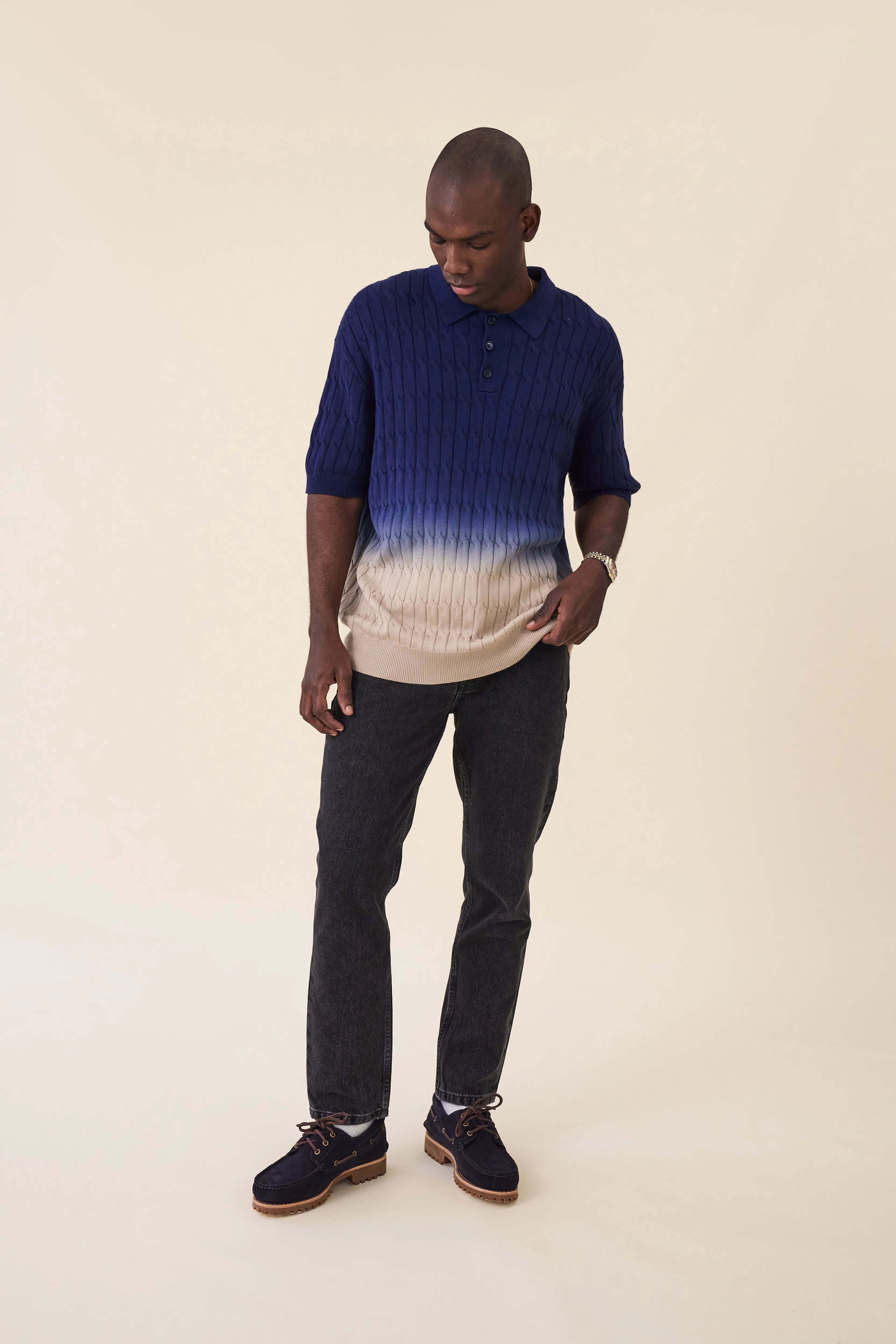 OMBRE CABLE KNIT POLO - NAVY / TAN sold by Bound product image thumbnail 3