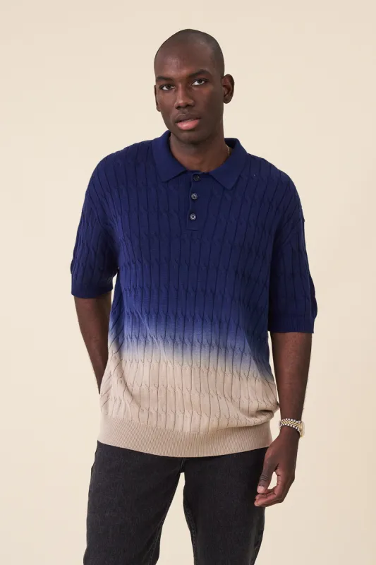 OMBRE CABLE KNIT POLO - NAVY / TAN sold by Bound