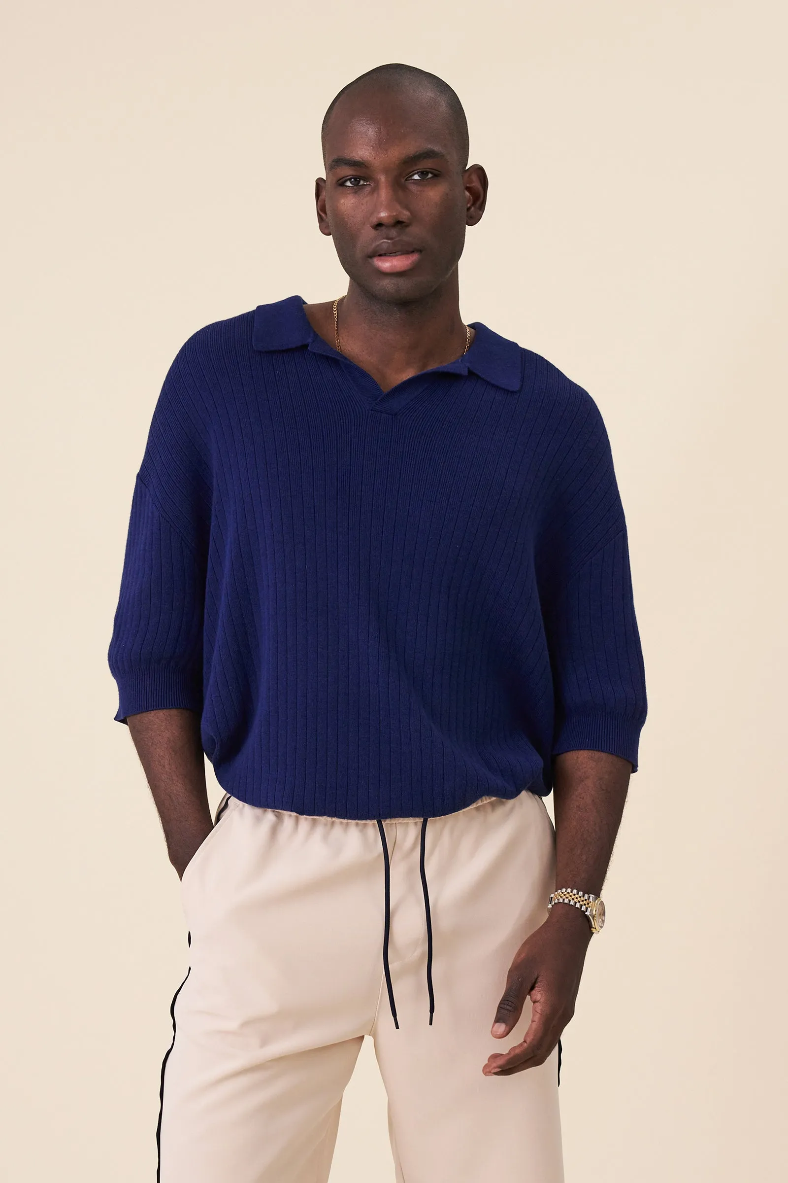 BALEARIC RIBBED KNIT POLO - NAVY sold by Bound