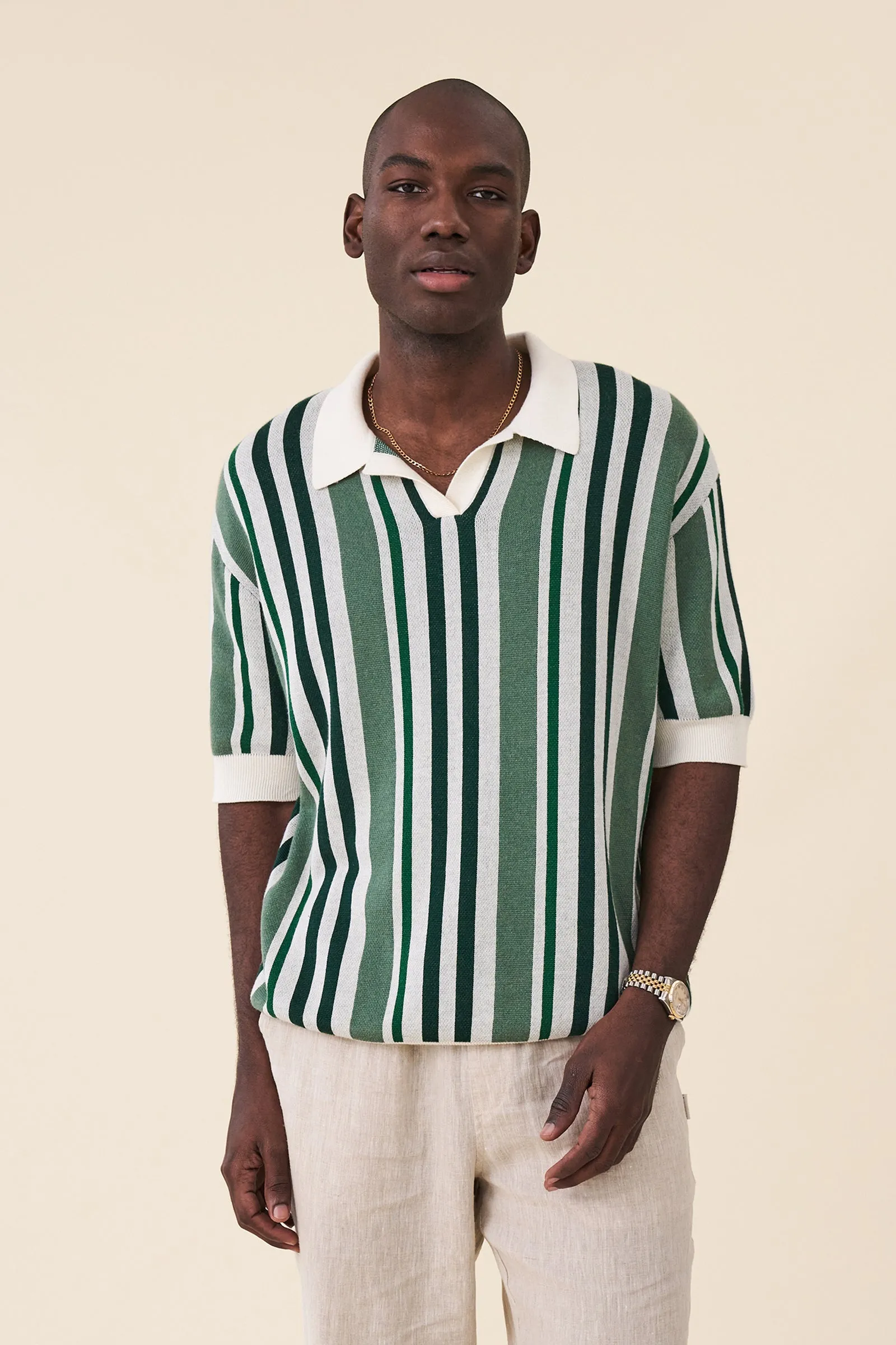 MARTINET GREEN STRIPE KNIT POLO sold by Bound