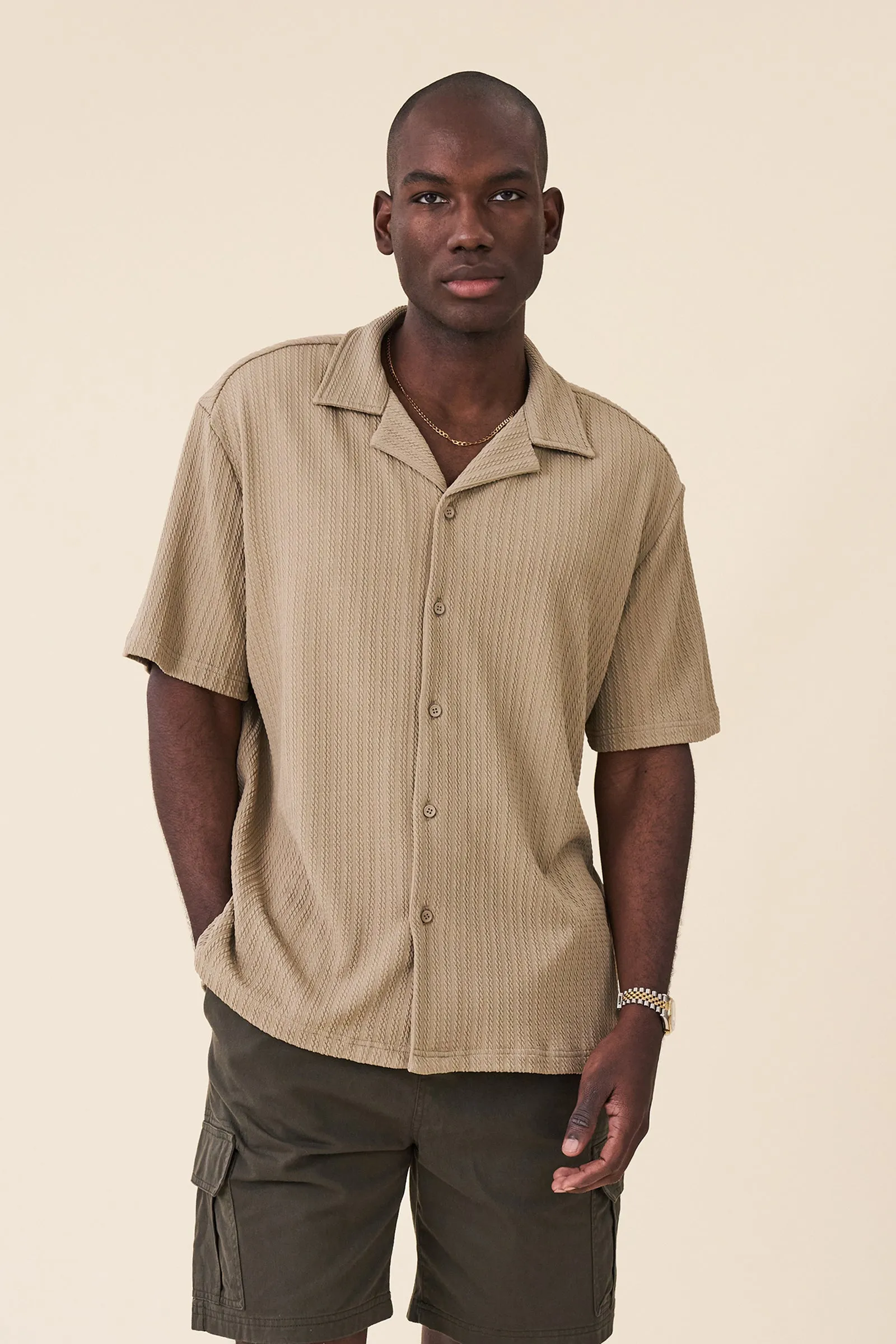BEIGE CABLE TEXTURE CUBAN SS SHIRT sold by Bound