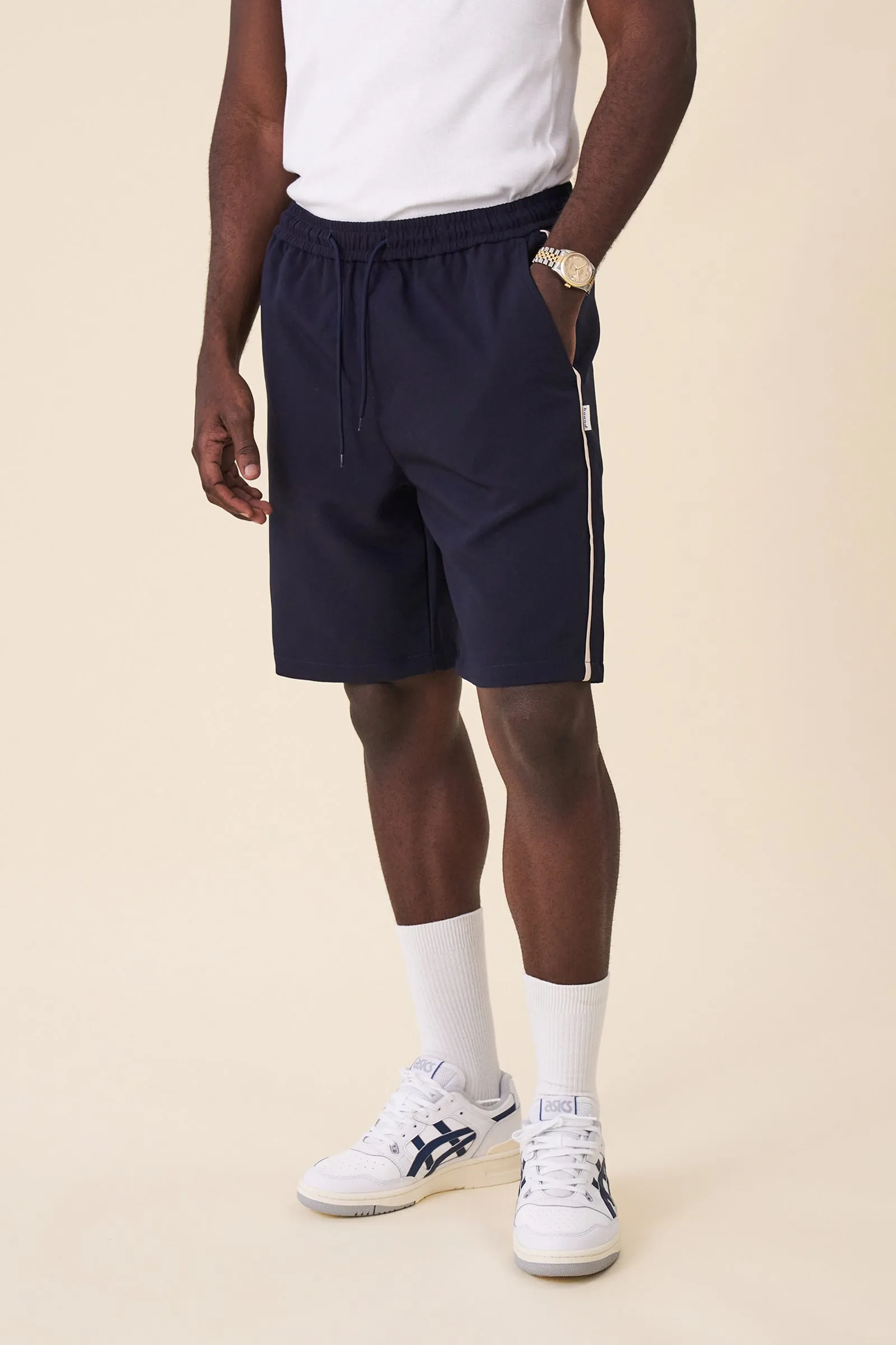 STRIPE TRACK SHORTS - NAVY / ECRU sold by Bound