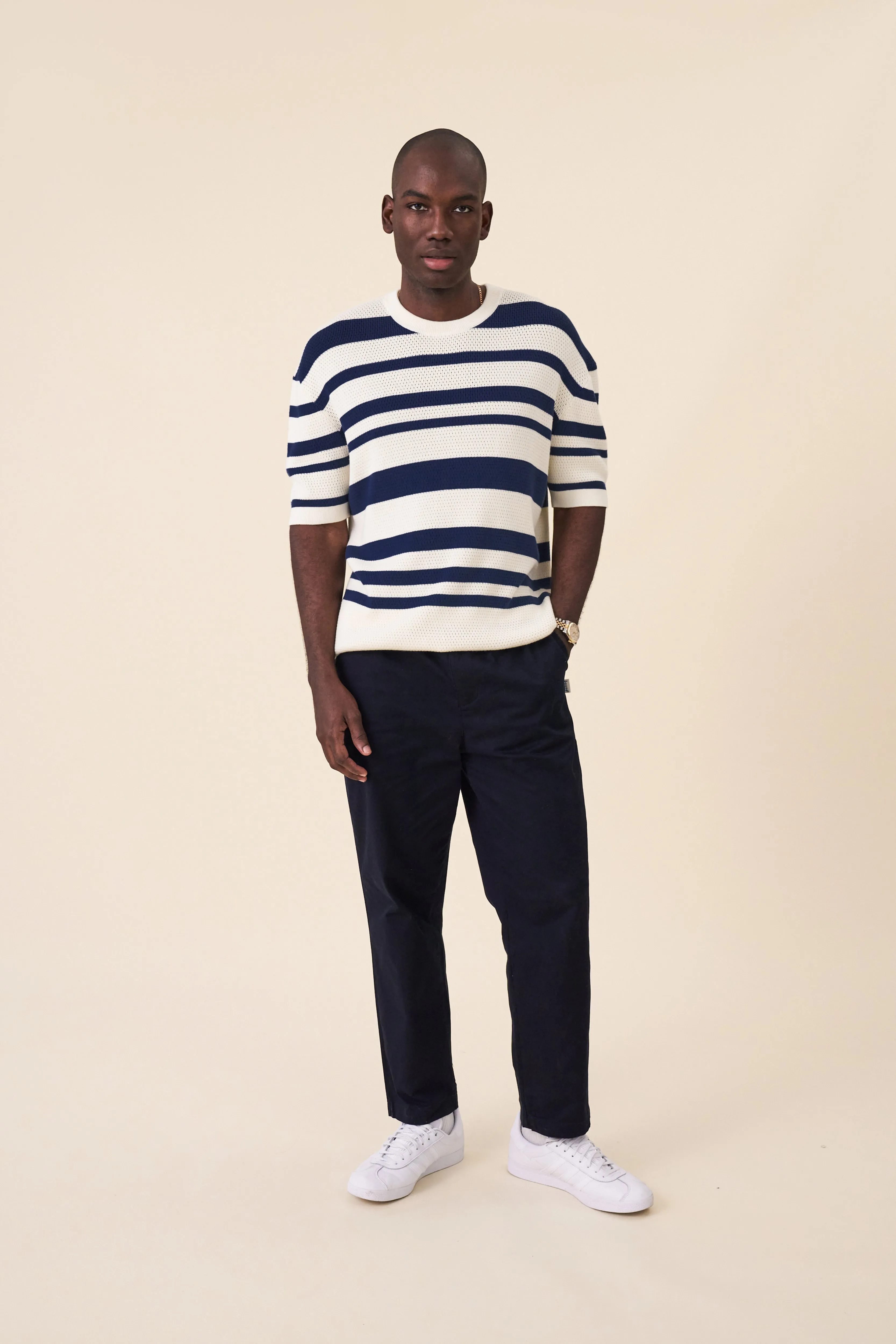 STRIPE CROCHET KNIT TEE - OXFORD & ECRU sold by Bound product image thumbnail 4