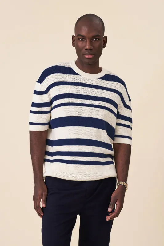 STRIPE CROCHET KNIT TEE - OXFORD & ECRU sold by Bound