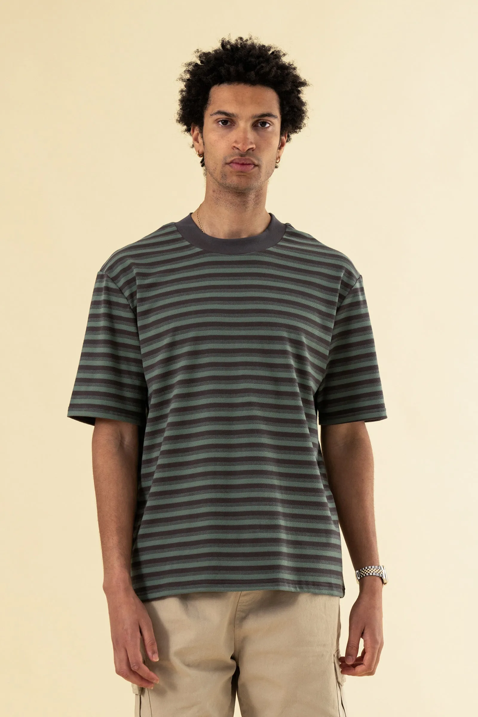 PEACHED STRIPE TEE - CHARCOAL & SAGE sold by Bound