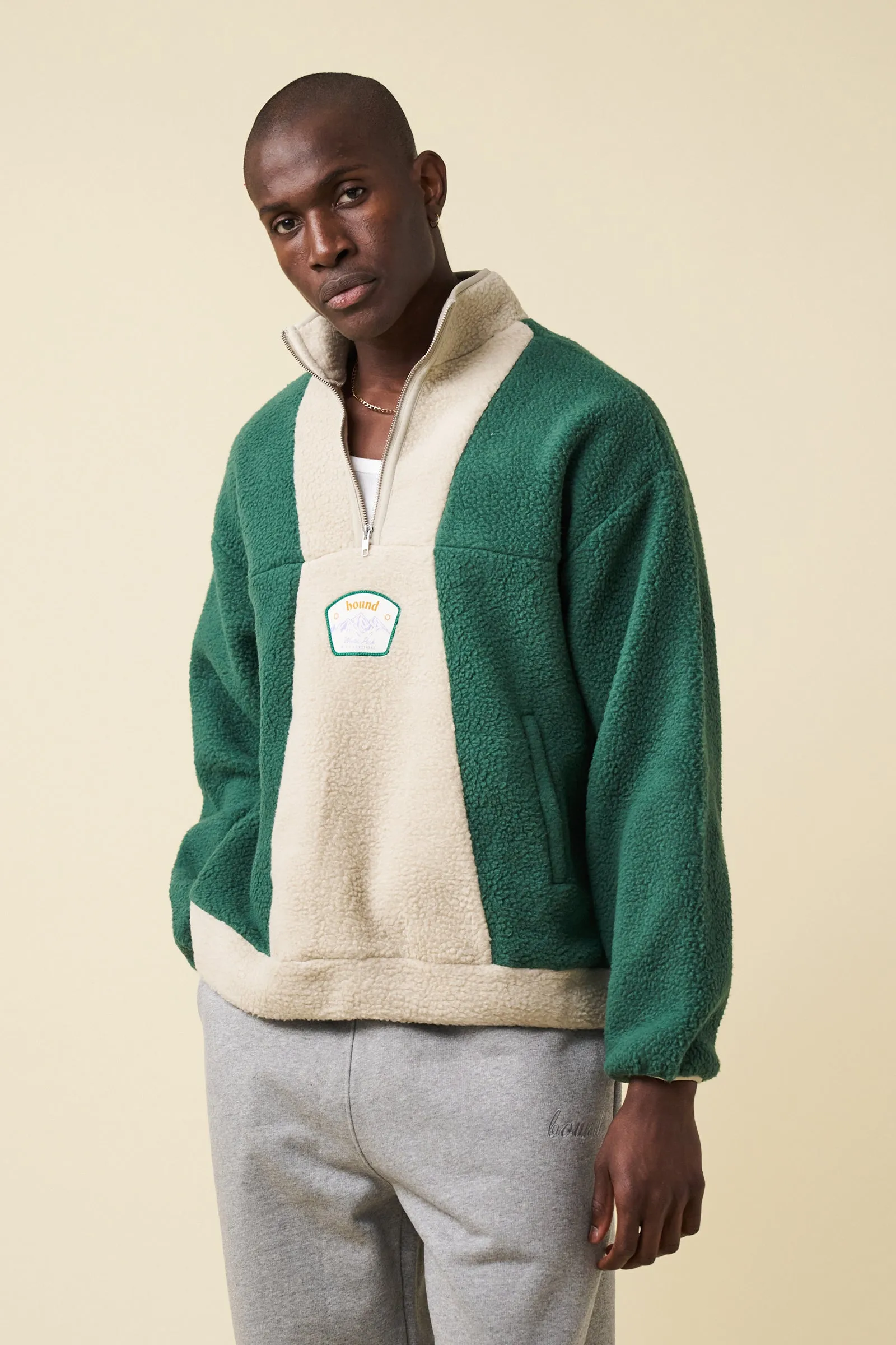 GREEN PANEL RETRO FLEECE PULLOVER sold by Bound