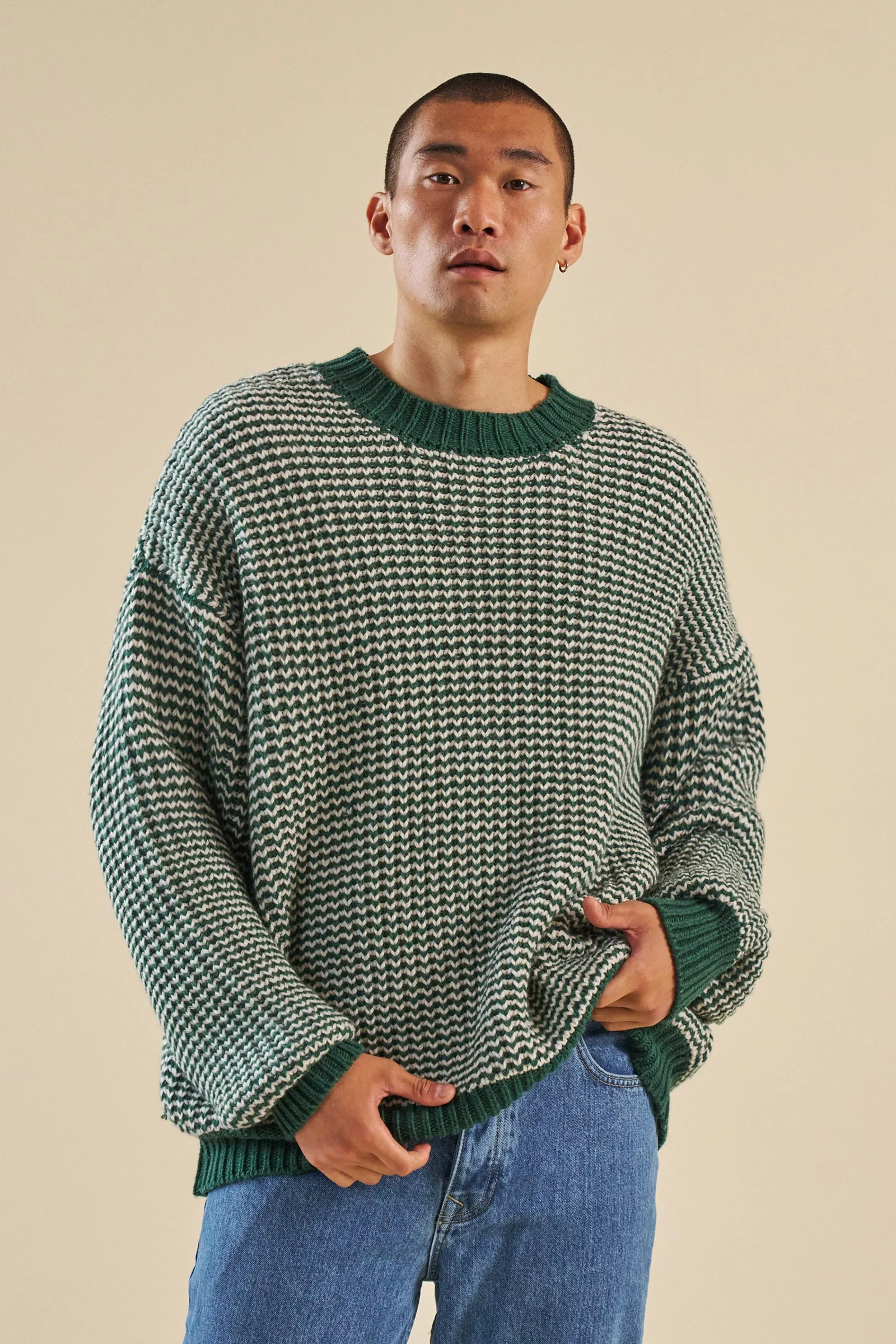 GREEN STRIPE CHUNKY KNIT RIB OVERSIZED SWEATER sold by Bound