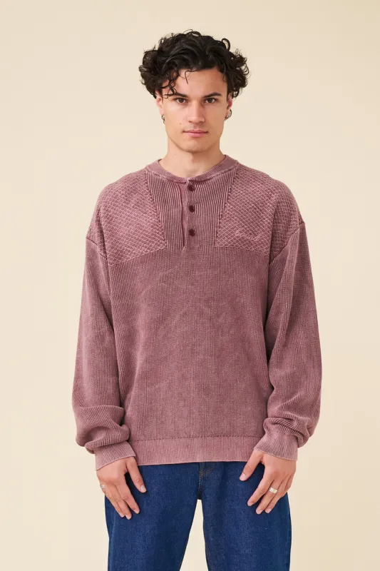 HALF BUTTON PANEL ACID WASHED PULLOVER - CARDINAL made by Bound