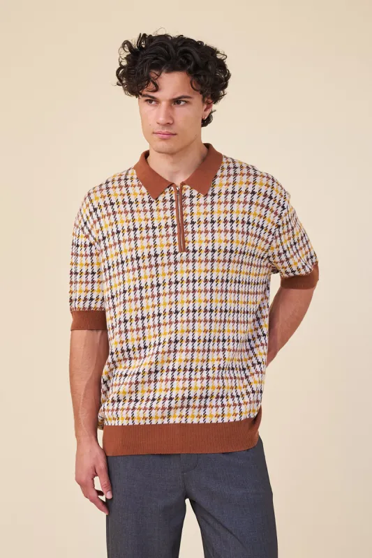 FINN 1/4 ZIP DOGTOOTH KNIT POLO made by Bound