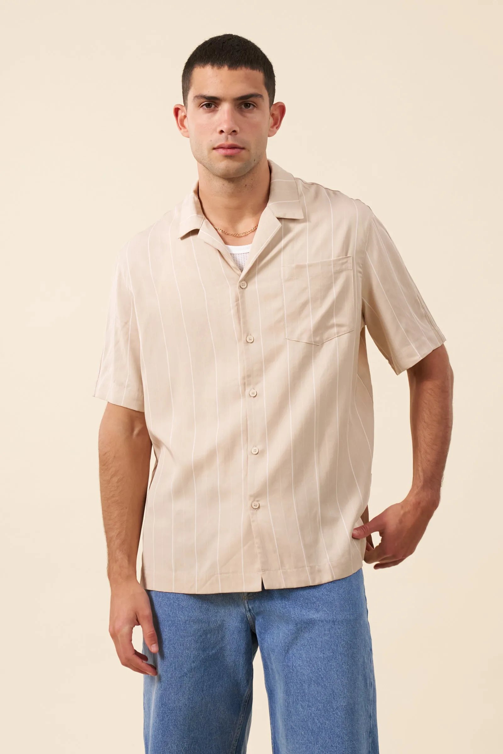 STRIPE TENCEL RAGLAN SHIRT - BEIGE sold by Bound