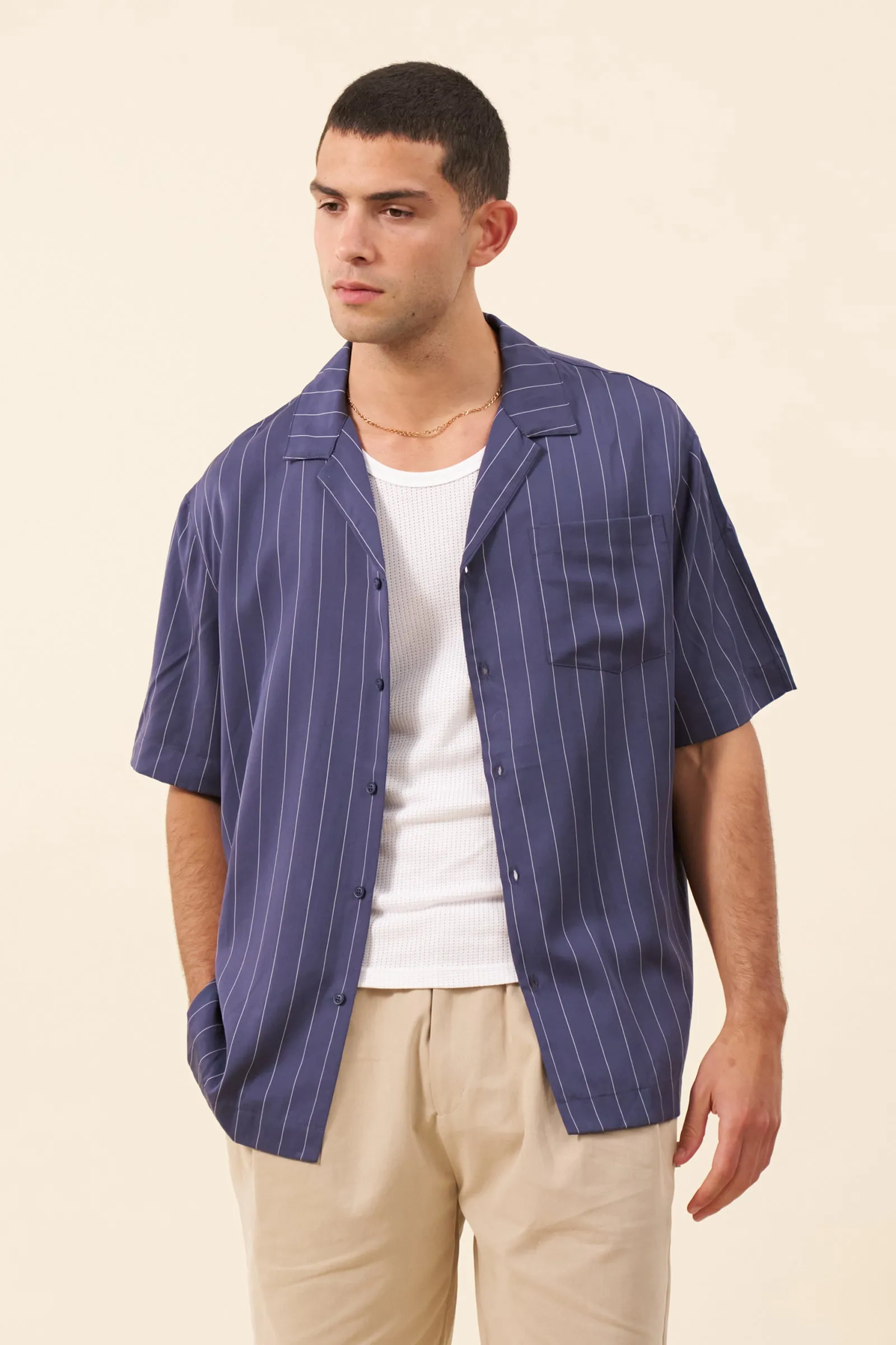 STRIPE TENCEL RAGLAN SHIRT - NAVY sold by Bound