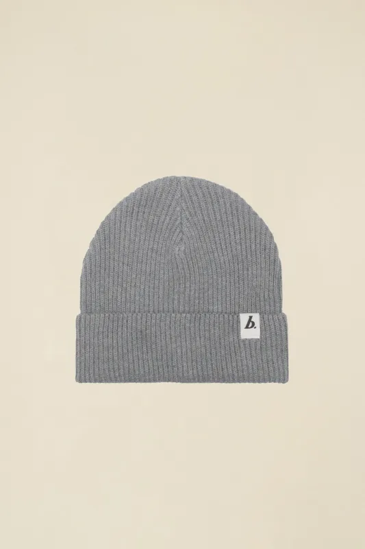 ORGANIC FISHERMAN RIBBED LABEL BEANIE - HEATHER GREY sold by Bound