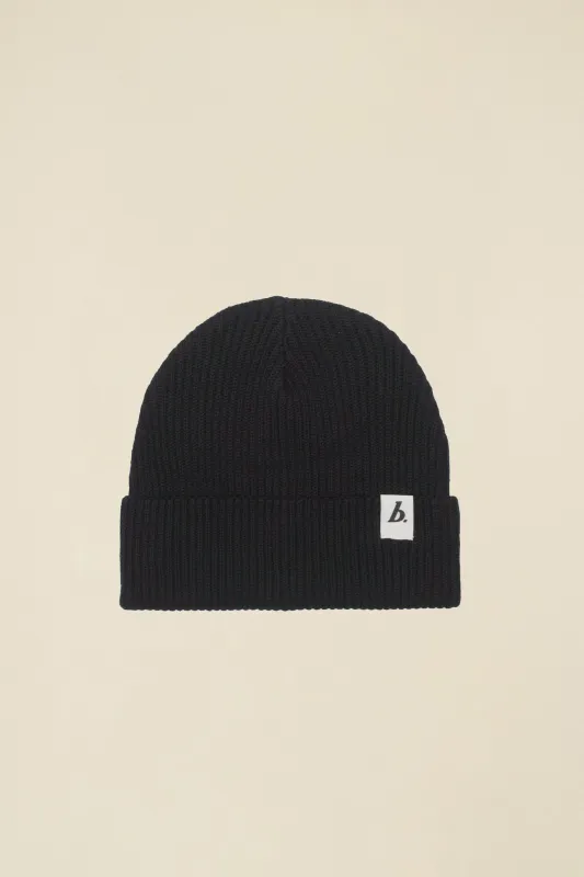 ORGANIC FISHERMAN RIBBED LABEL BEANIE - BLACK sold by Bound