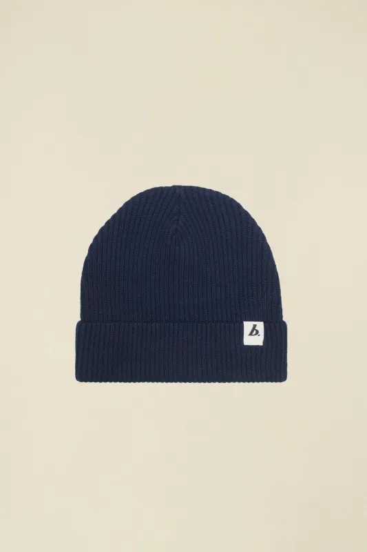 ORGANIC FISHERMAN RIBBED LABEL BEANIE - FRENCH NAVY sold by Bound