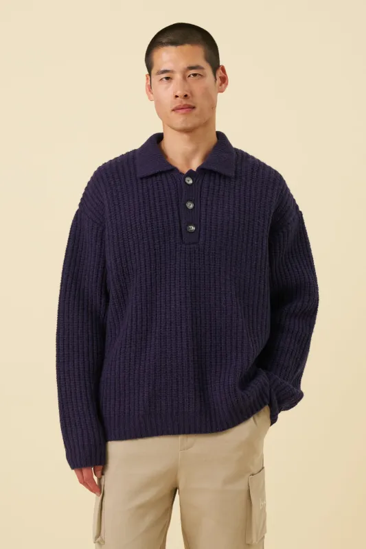 WOOL BUTTON POLO - OCEAN NAVY sold by Bound