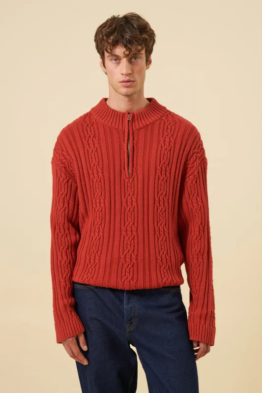 CABLE KNIT HALF ZIP PULLOVER - RUST RED sold by Bound