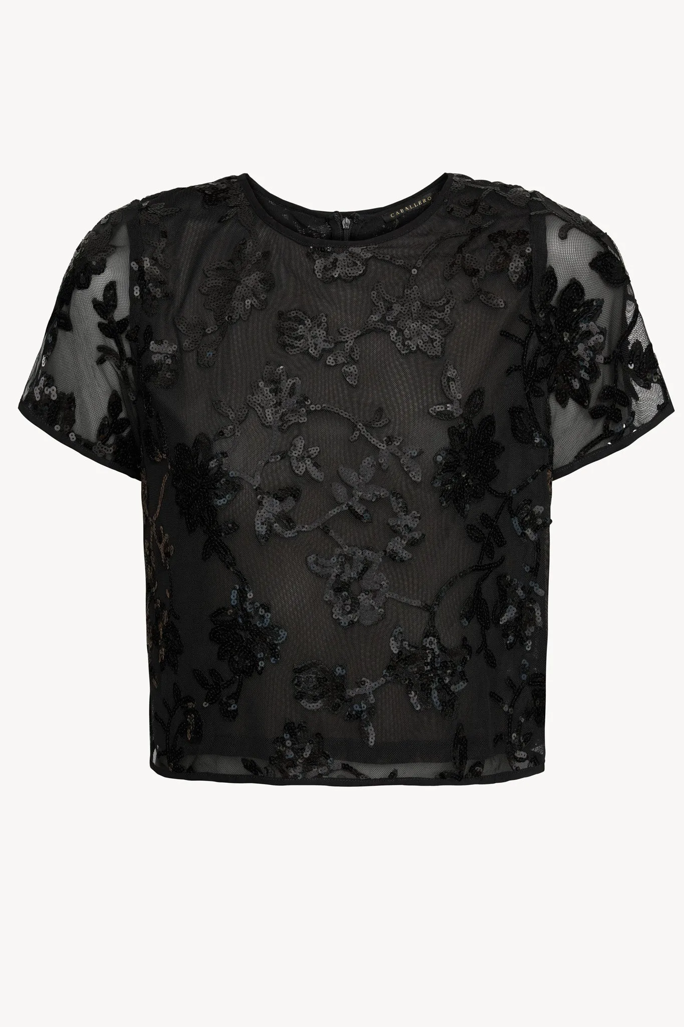 Carmen Top in Black Sequin Lace sold by CABALLERO