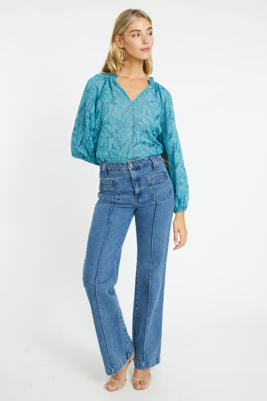Miki Teal Leaf Burnout Top made by CABALLERO