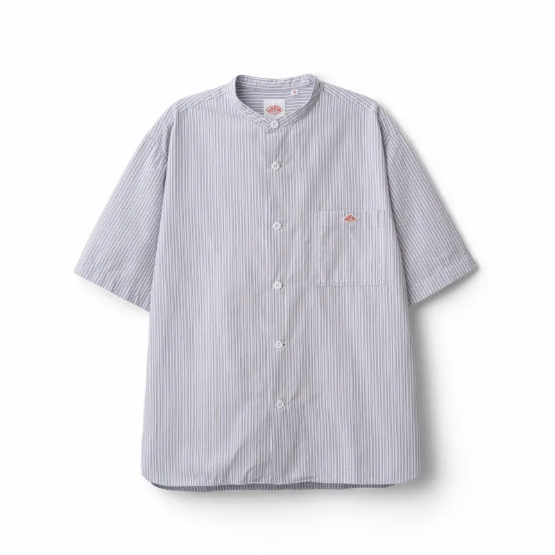 Men's Cotton Linen Short Sleeve Band Collar Shirt Stripe made by Danton
