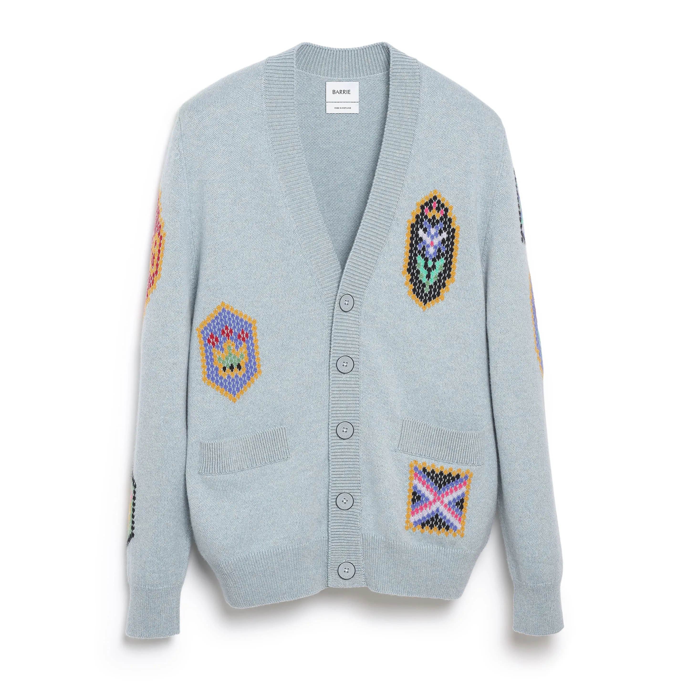 Cardigan col V en cachemire à symboles écossais sold by Barrie