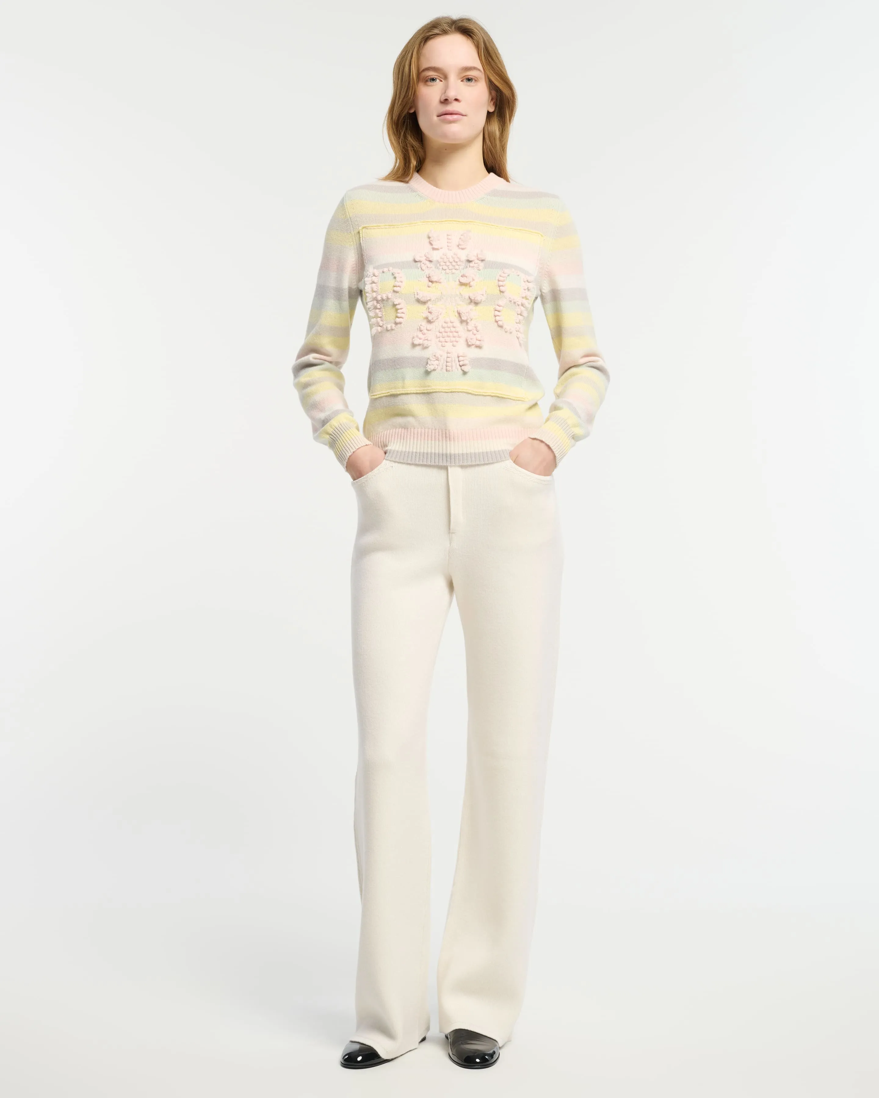 Pull col rond logo 3D en cachemire à rayures sold by Barrie product image thumbnail 3