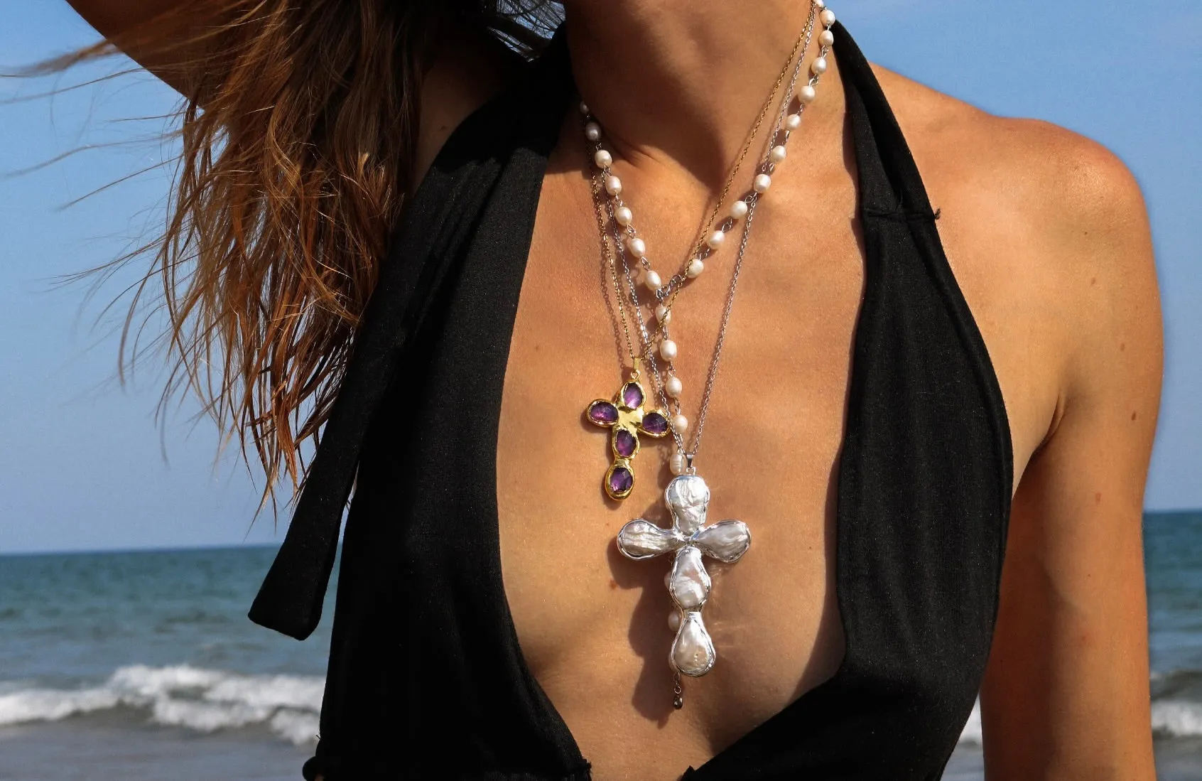 Pearl Molten Cross Necklace sold by Regina jewelry