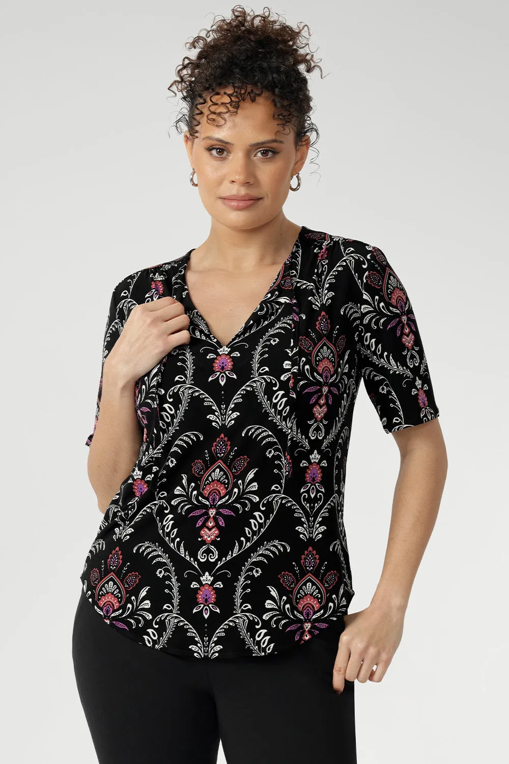 Kodi Top with Elbow Sleeve in Subtle Paisley sold by Leina & Fleur