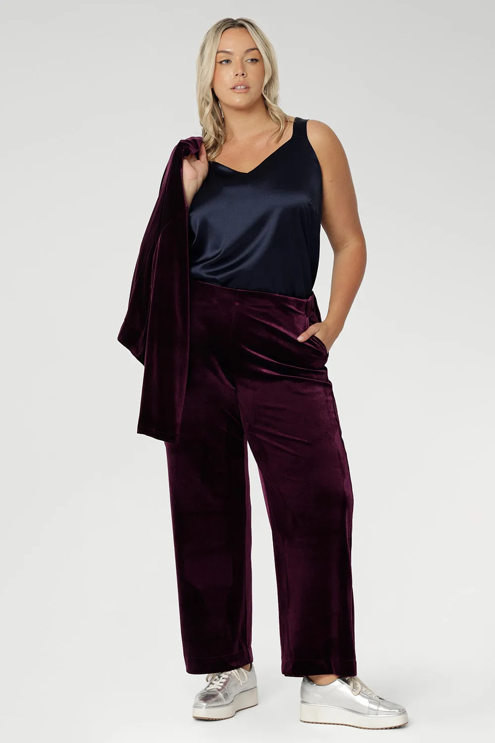 Soren Pant in Wine Velour sold by Leina & Fleur