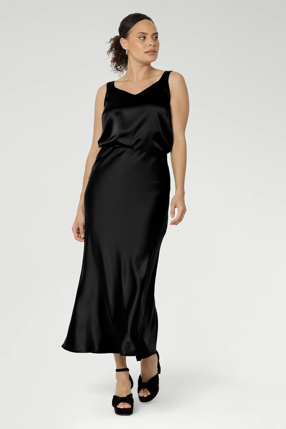 Manhattan Maxi Skirt in Black Satin sold by Leina & Fleur product image thumbnail 4