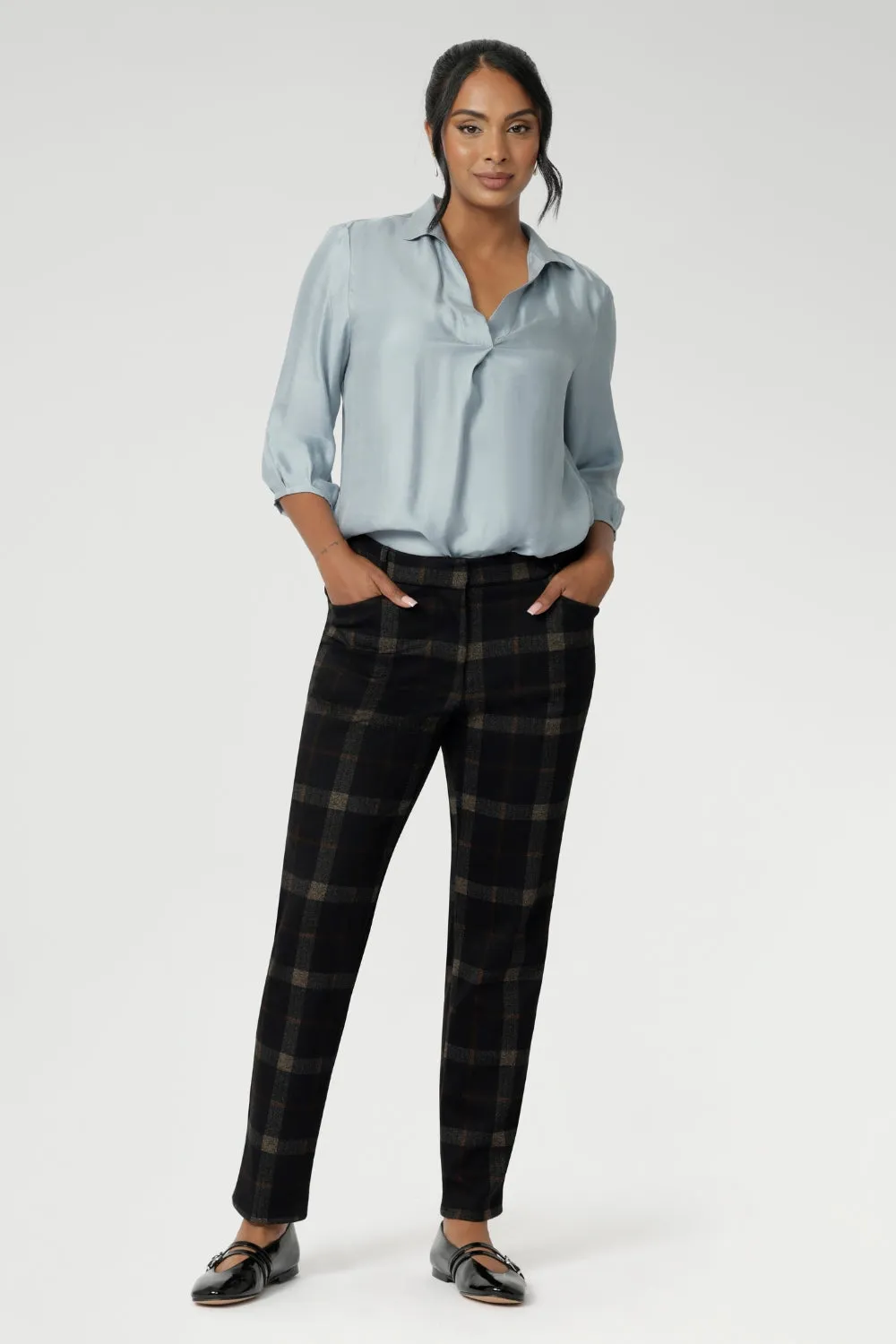 Lulu Tailored Pant in Cocoa Plaid sold by Leina & Fleur