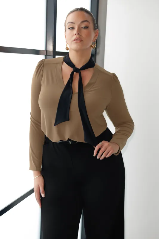 Thom Tie-Neck Top in Coffee sold by Leina & Fleur