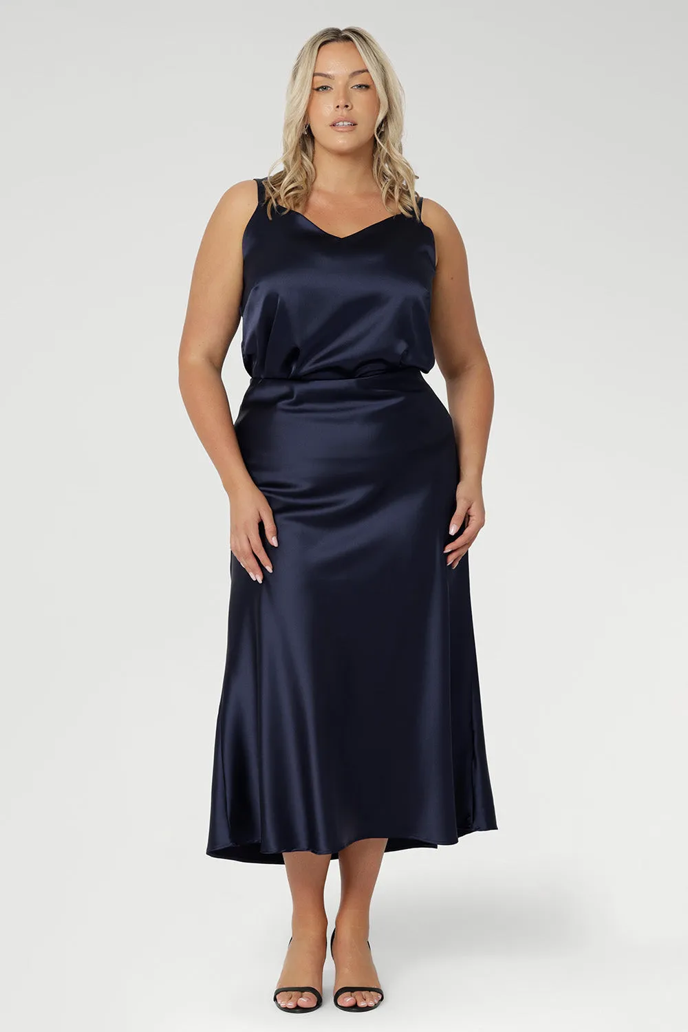 Manhattan Maxi Skirt in Ink Satin sold by Leina & Fleur