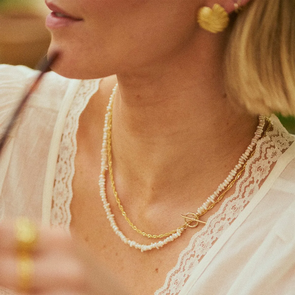 Polly Sayer Beach Pearl T Bar Necklace 18ct Gold Plate sold by Daisy Jewellery product image thumbnail 2