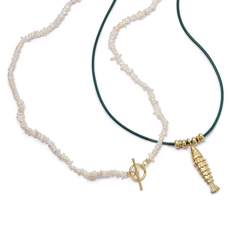 Polly Beach Pearl and Fish Cord Necklace Layering Set 18ct Gold Plate made by Daisy Jewellery