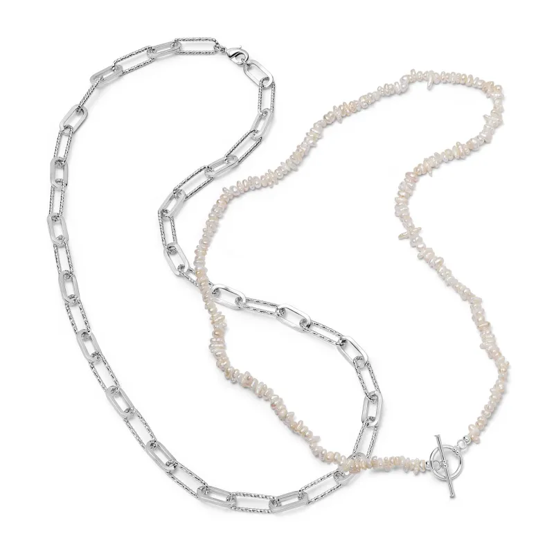 Polly Beach Pearl and Paperclip Necklace Layering Set Silver Plate made by Daisy Jewellery