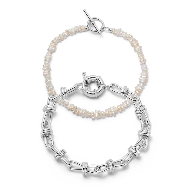 Polly Knot Chain and Beach Pearl Bracelet Set Silver Plate made by Daisy Jewellery