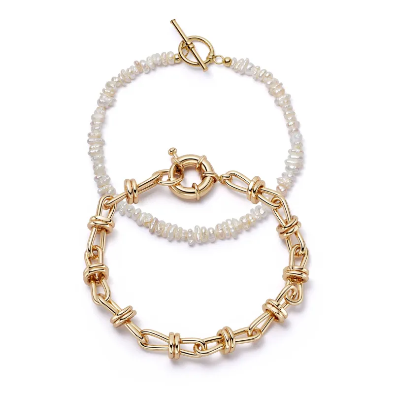 Polly Knot Chain and Beach Pearl Bracelet Set 18ct Gold Plate made by Daisy Jewellery
