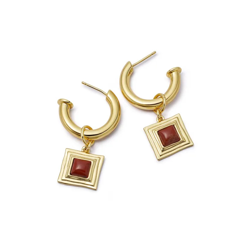 Red Jasper Square Chubby Hoop Earrings 18ct Gold Plate made by Daisy Jewellery