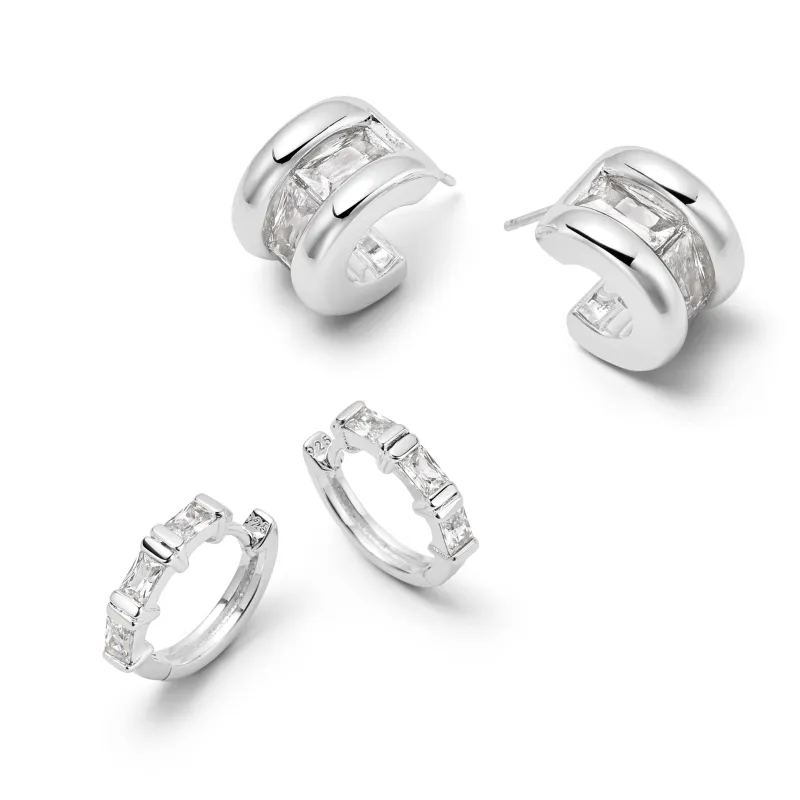Polly Crystal Mini Hoop & Huggie Earring Stack Sterling Silver made by Daisy Jewellery