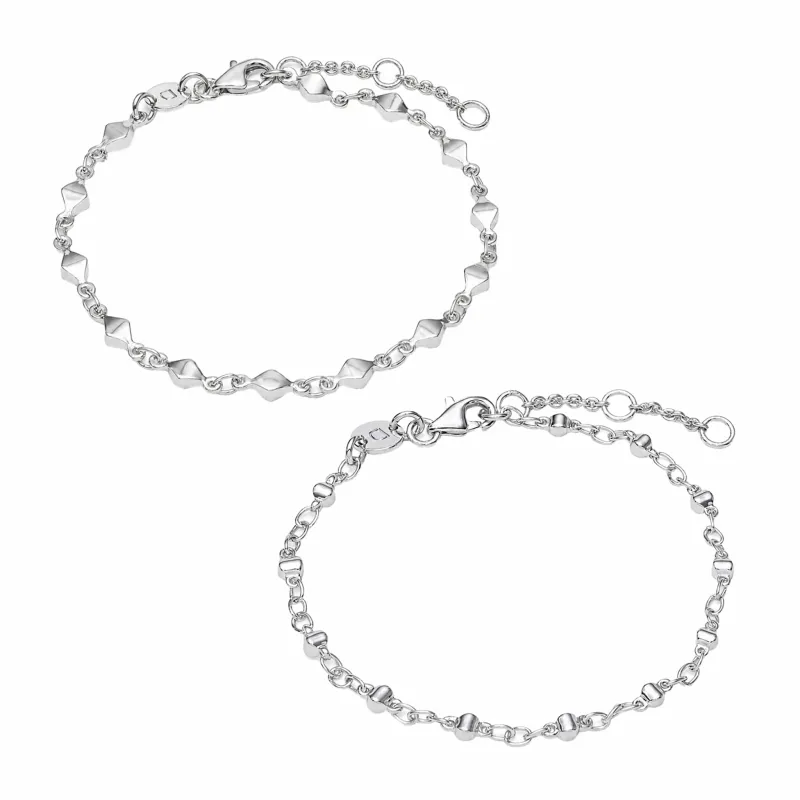 Square Bead & Diamond Disc Chain Bracelet Stack Silver Plate made by Daisy Jewellery