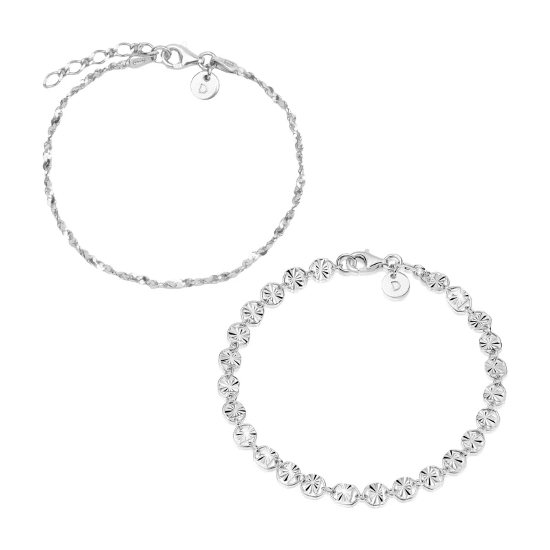 Textured Sunburst & Lightweight Chain Bracelet Stack Sterling Silver made by Daisy Jewellery