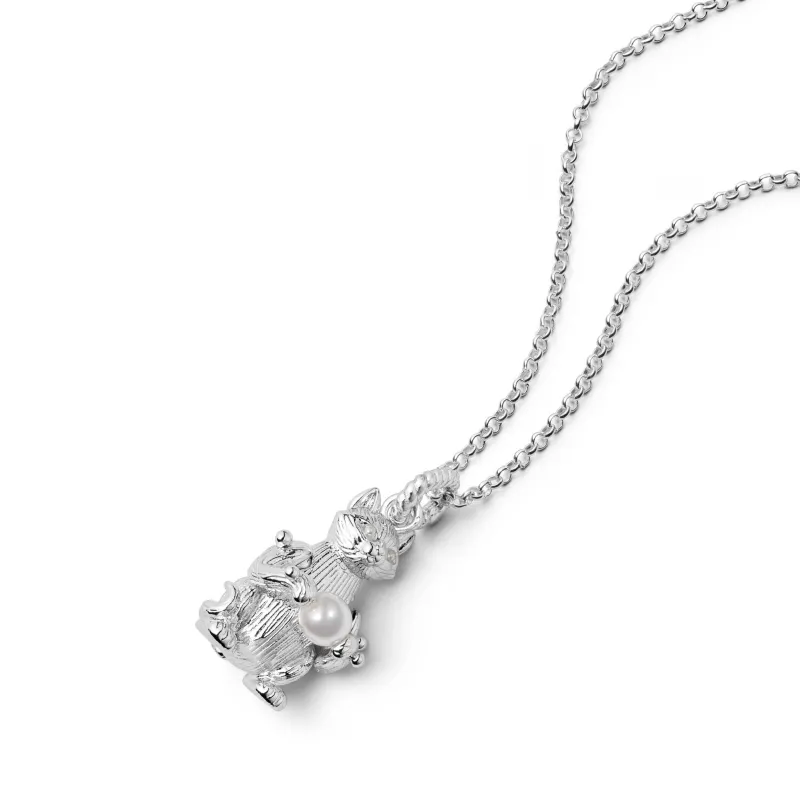 Shrimps Cat Pearl Charm Necklace Silver Plate made by Daisy Jewellery