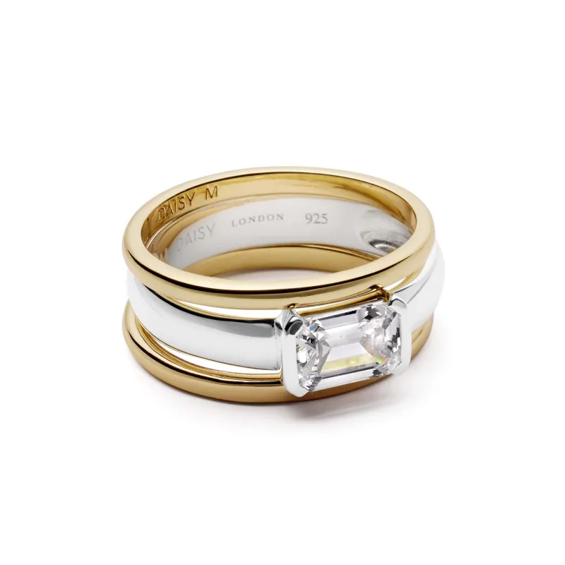Polly Newman Mixed Metal Crystal Ring Stack Silver Plate made by Daisy Jewellery