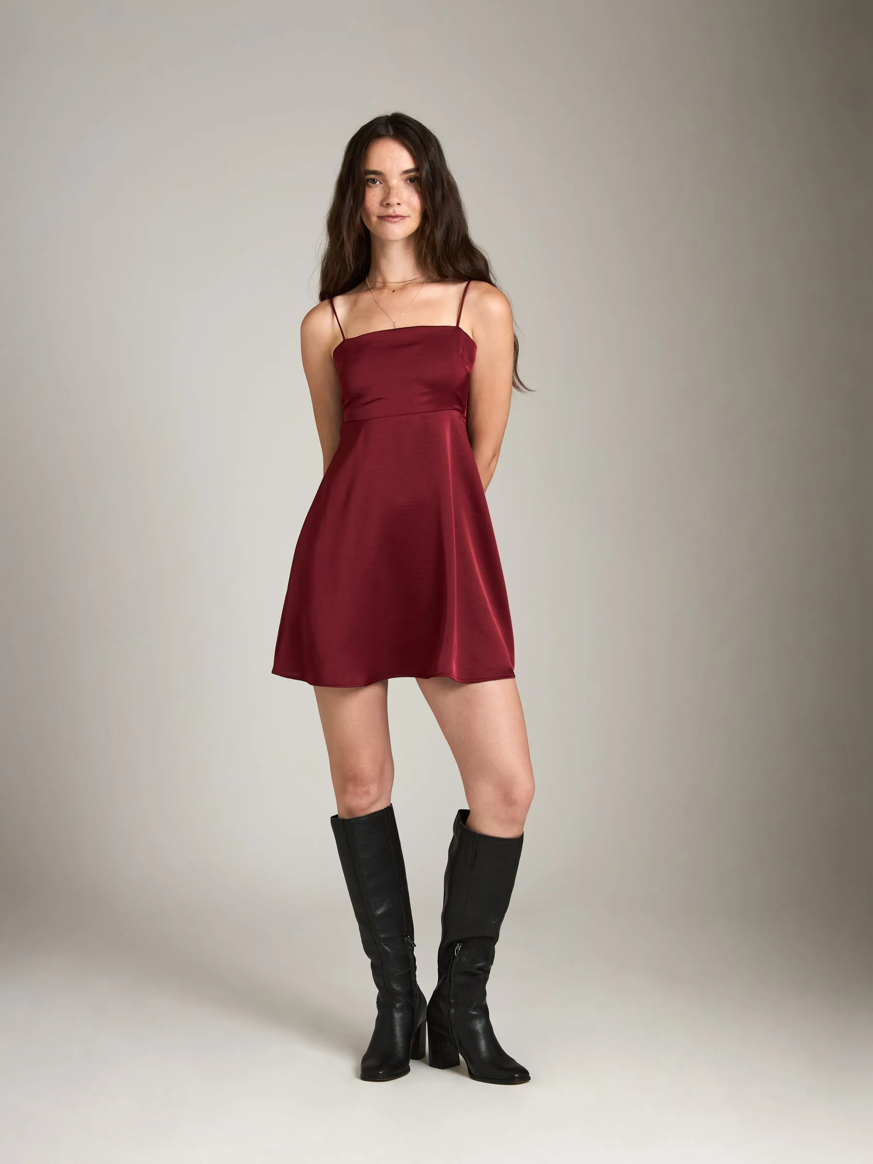 Satin Emory Smocked Flare Mini Dress sold by Plenty