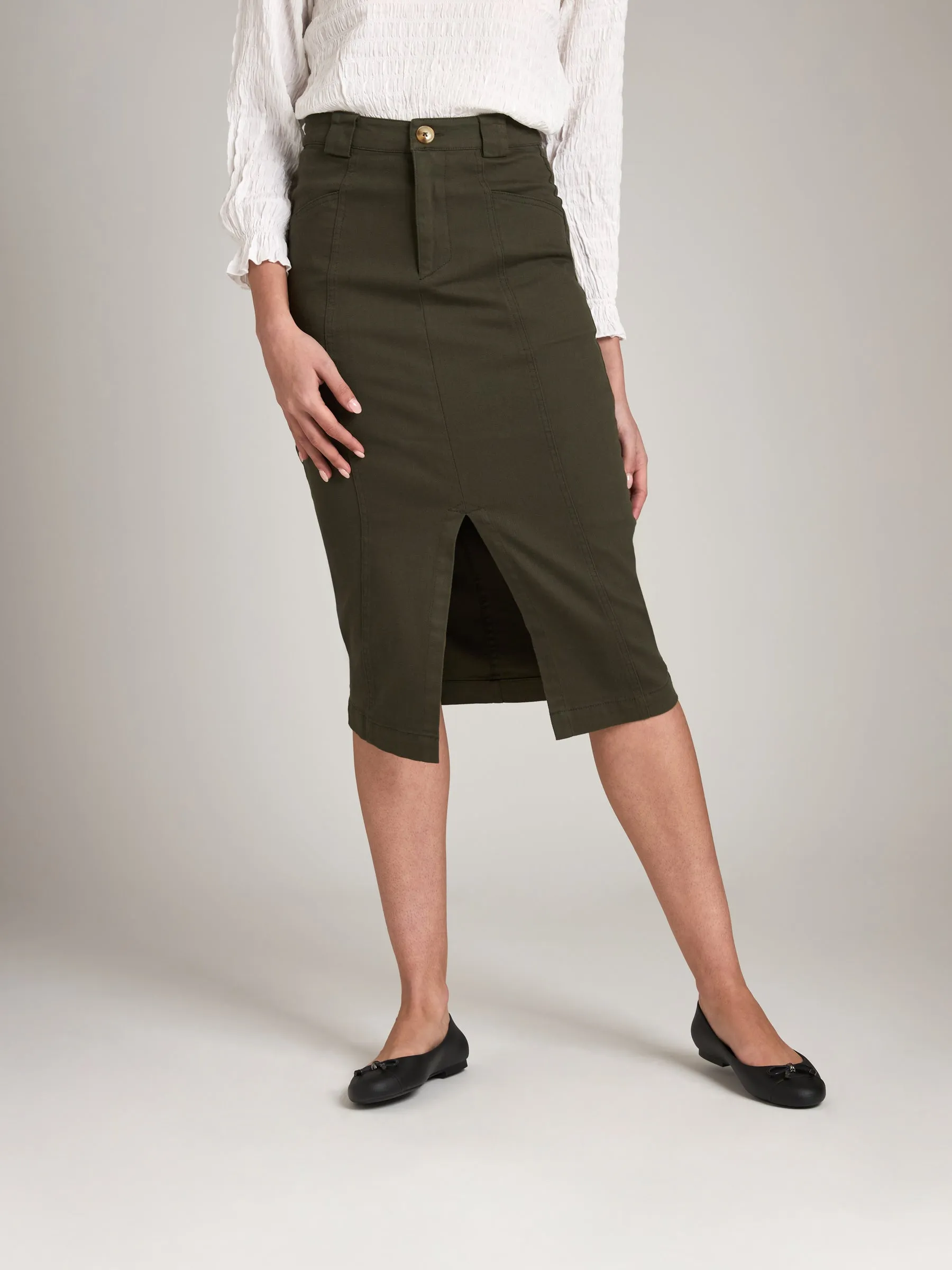 Cotton Twill Ira Pencil Midi Skirt sold by Plenty