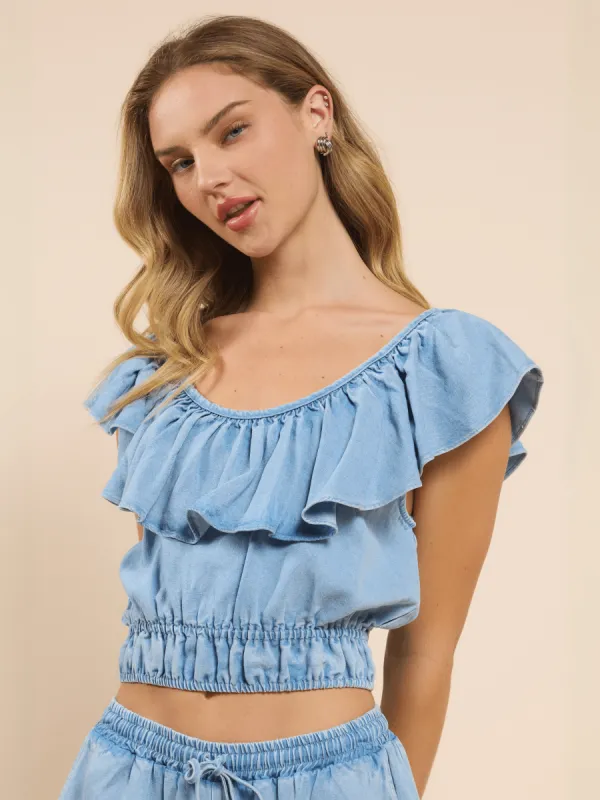 It's Pouring Wide Ruffle Top sold by Plenty