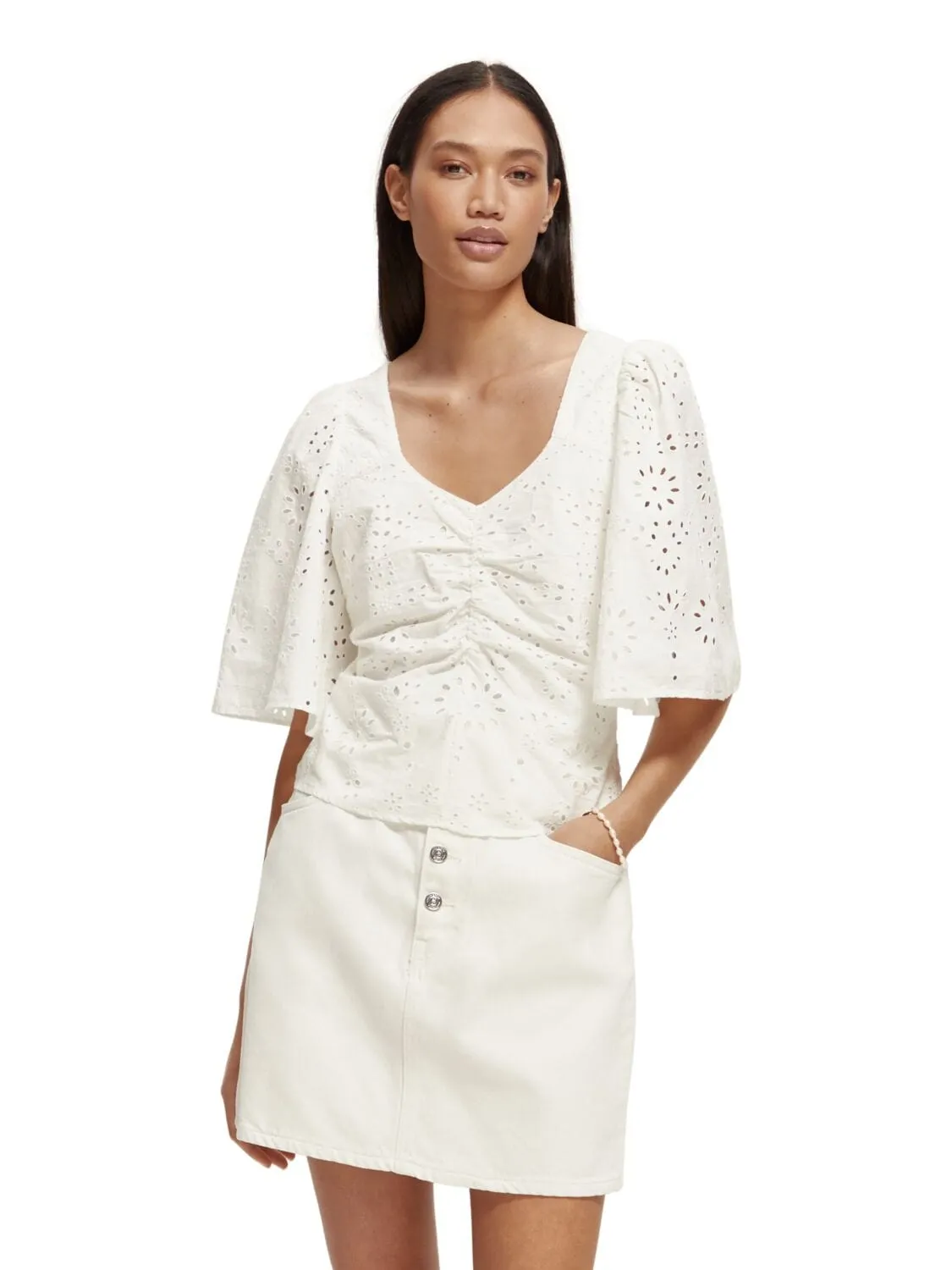 Eyelet Ruch Flutter Sleeve Top sold by Plenty